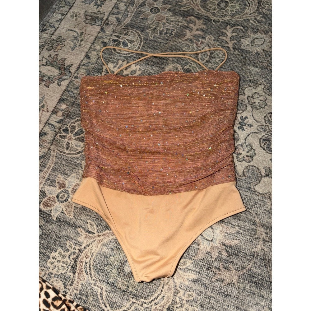 More to Come Revolve Sequin Tan Bodysuit